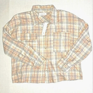 Tan and Grey Soft Crop Plaid Button Down Shirt